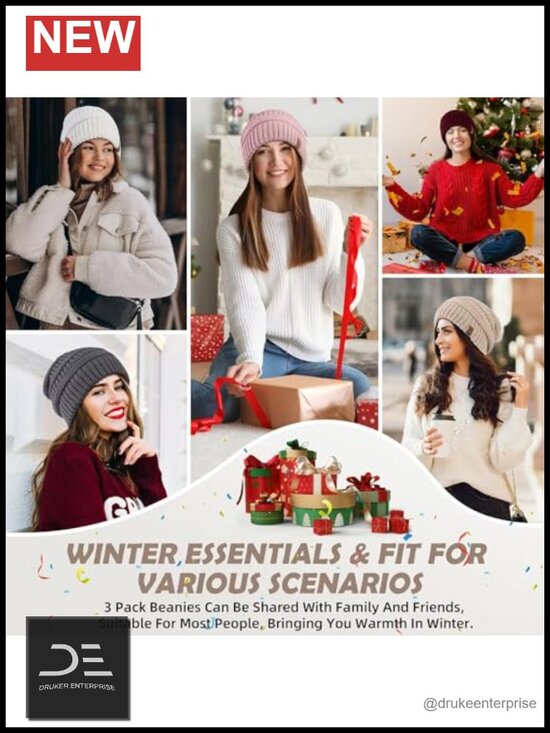 3 Pack Satin Lined Beanie, Warm Slouchy Winter Hats, Oversized Cable Knit Skull main image 6
